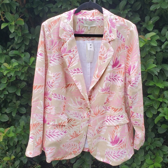 Skies Are Blue Linen Blazer Jacket Womens 1X Beige Tropical Artsy Office Cruise - Picture 1 of 15